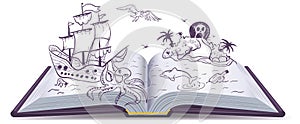 Open book Adventure. Treasures, pirates, sailing ships, adventure. Reading fantasy