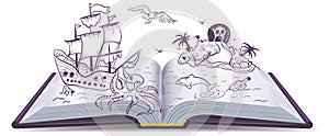 Open book Adventure. Treasures, pirates, sailing ships, adventure. Reading fantasy photo