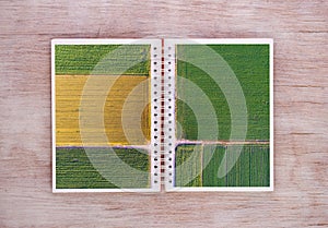 Open book with agricultural scene