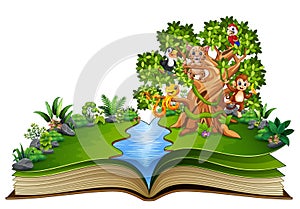 Open book with animals cartoon on the trees