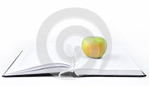 Open book and apple. On a white background. Science and knowledge wisdom concept