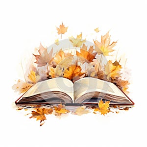 Open book in autumn leaves. Vintage style book illustration for design, print or background. Watercolor education