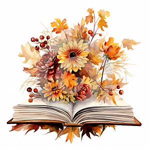 Open book in autumn leaves. Vintage style book illustration for design, print or background. Watercolor education