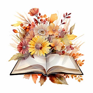 Open book in autumn leaves. Vintage style book illustration for design, print or background. Watercolor education