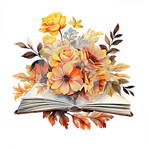 Open book in autumn leaves. Vintage style book illustration for design, print or background. Watercolor education