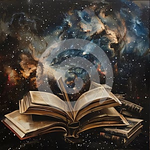 Open book on the background of the universe with stars and galaxies