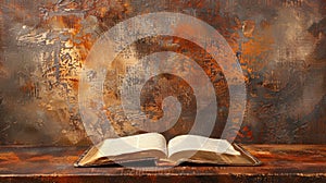an open book Bible resting on a table against an abstract background, with empty space around it. The old, gray cover of
