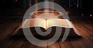 Open book Bible on wooden desk with mystic bright light.