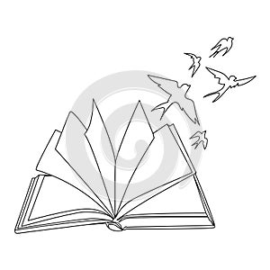 Open book with birds flying out of it Line art drawing vector illustration.Imagination for Education,idea and learning