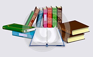 Open book with blank pages and dump of Different books in rows and piles. Isolated on a light background