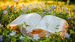 An open book with the blooming flowers on the summer lawn. Reading is a useful hobby