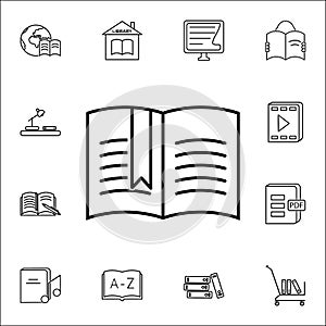 open book with a bookmark icon. Books and magazines icons universal set for web and mobile