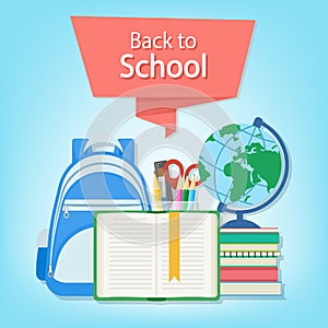 Open book with a bookmark and school supplies such as a backpack, textbooks, notebook, glob