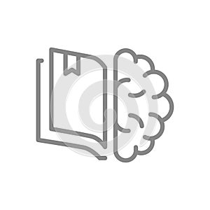 Open book with brain line icon. Encyclopedia, smart thinking, education course symbol