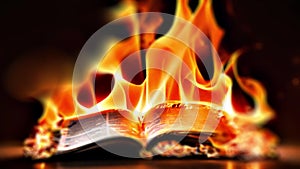 Open book in bright fire flames.