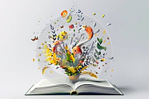 The open book bursts with a colorful fountain of various plots, stories, and interesting concepts, bringing pleasure and