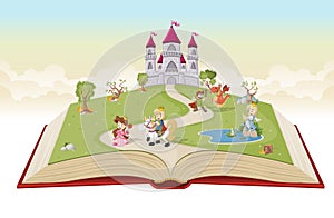 Open book with cartoon princesses and princes photo