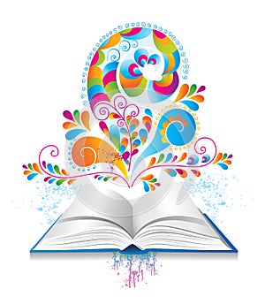 Open book with color splash and curl.