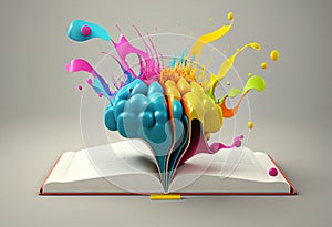 Open book with colorful paint splashes humain brain . 3D illustration generative ai