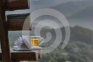 Open book, cup herbal tea, background of foggy mountain forest. Wellness holiday, vacation Rhodope mountain, Bulgaria