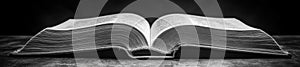 Open Book on a Dark Background with Detailed Pages and Glossy Binding photo