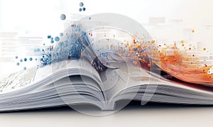 Open book with data visualization, colorful abstract patterns, digital information flow