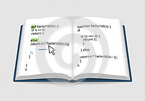 An open book displays two code snippets for a factorial function. The left page shows Python code