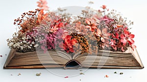 Open book with dried flowers on white background, shallow depth of field Generative AI