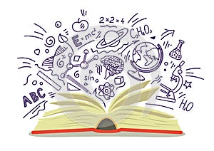 Open book with education, school, science hand drawn sketches on white background.