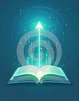 An open book emits glowing digital elements, symbolizing knowledge, creativity, and the fusion of literature with technology