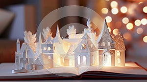 Open book with fairy tale houses. Christmas concept. Selective focus