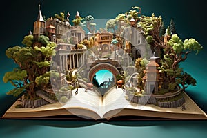 Open book with fantasy castle on green background. 3D illustration, Embark on a whimsical journey through a literary wonderland,