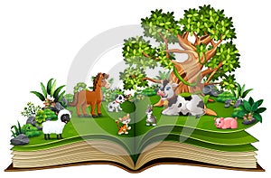 Open book with farm animal cartoon playing in the park under a big tree