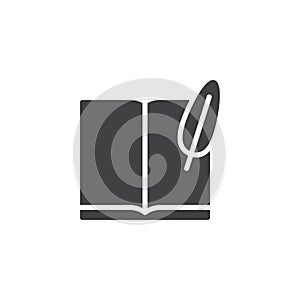 Open book and feather pen vector icon