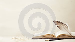 An open book with a feather quill pen on a white background. The book is brown and old. The pages are yellowed and the