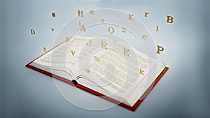 Open book with floating letters. 3D illustration