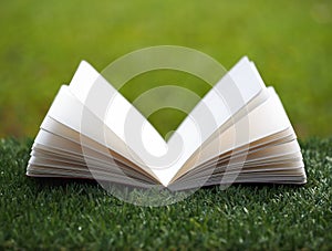 Open book with flower on grass