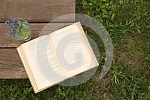 Open book with flowers in glass on green grass outdoors, top view. Space for text
