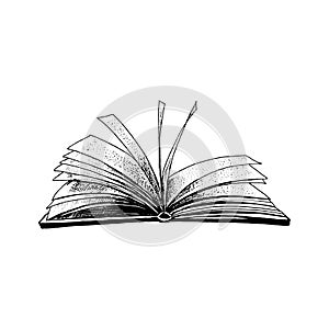 Open book with flying pages. Hand drawn sketch. Vector illustration isolated on white.