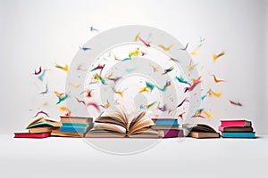 Open book with flying paper sheets on white background
