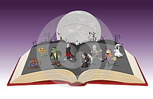Open book with full moon over a cemetery with funny cartoon classic monster characters