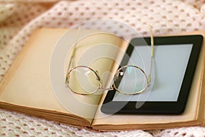 Open Book, Glasses, Tablet and Blanket