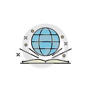Open book with globe vector icon, isolated on white background