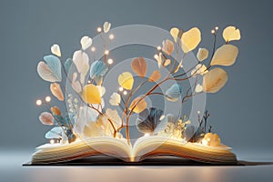 Open book with glowing botanical elements symbolizing growth and creativity