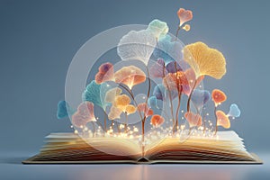 Open book with glowing botanical elements symbolizing knowledge and creativity