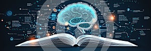 Open book with glowing brain illustration and data visualization