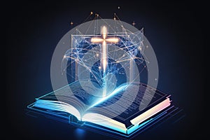 Open book with glowing cross on dark blue background. Religious concept. Generative AI