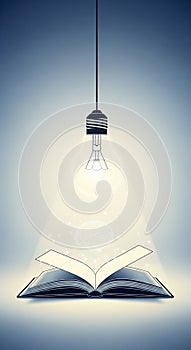 Open book with glowing lightbulb and brain illustration symbolizing education knowledge and creative ideas.