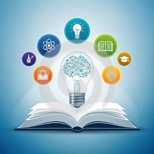Open book with glowing lightbulb brain symbolizing knowledge and innovation ideas