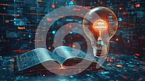 Open book, glowing lightbulb, digital data background, knowledge concept
